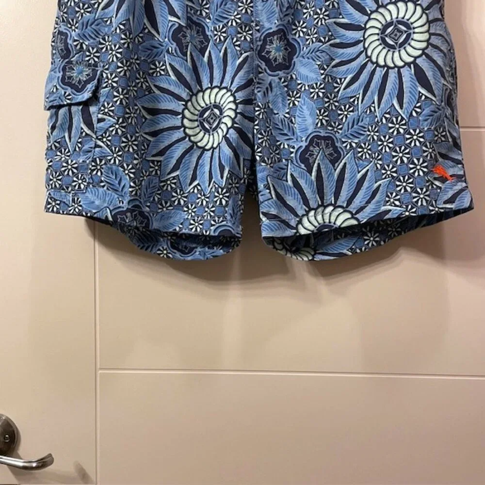 Men's Tommy Bahama Floral Printed Swim Trunks Blue Size Large Pockets Beach